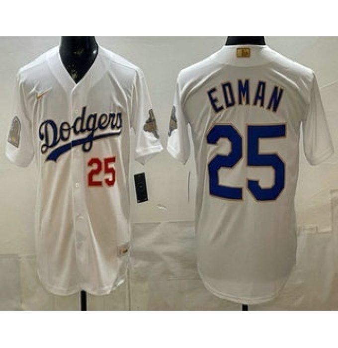 Men's Los Angeles Dodgers #25 Tommy Edman White 2026 Gold Back To Back World Champions Collection Stadium Jersey