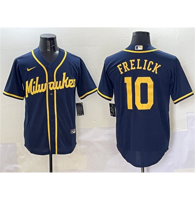 Men's Milwaukee Brewers #10 Sal Frelick Navy Cool Base Stitched Jersey