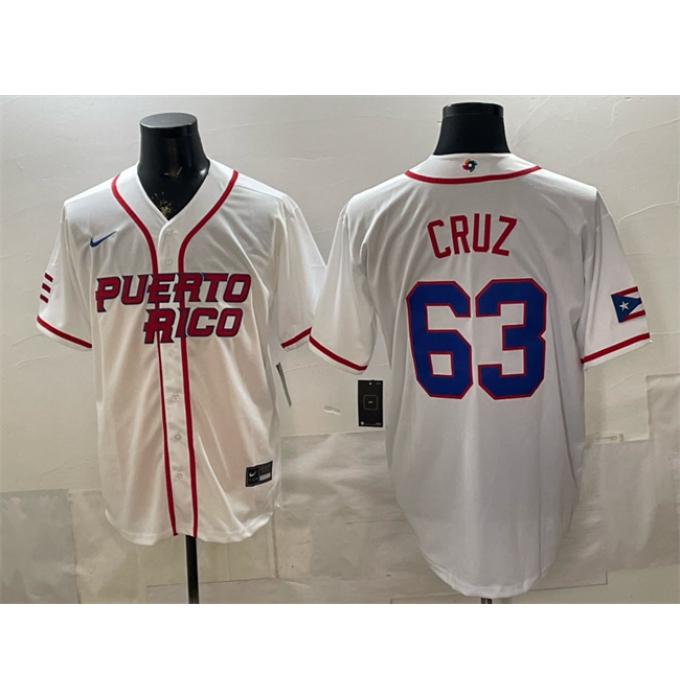 Men's Puerto Rico Baseball #63 Fernando Cruz White 2026 World Baseball Classic Home Stadium Stitched Jersey