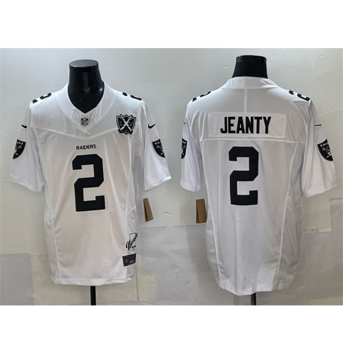 Men's Las Vegas Raiders #2 Ashton Jeanty White 2025 Draft F.U.S.E. With Nevada Silver Stat And 65th Anniversary Stitched Football Jersey