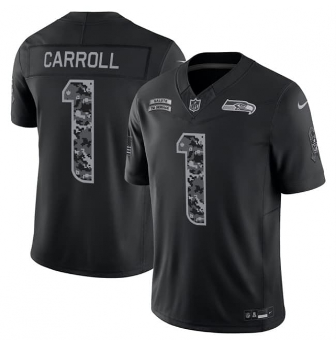 Men's Seattle Seahawks #1 Pete Carroll Black 2026 F.U.S.E. Salute to Service Limited Football Stitched Jersey