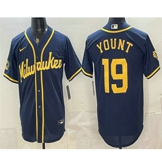 Men's Milwaukee Brewers #19 Robin Yount Navy Blue Stitched Cool Base Jersey
