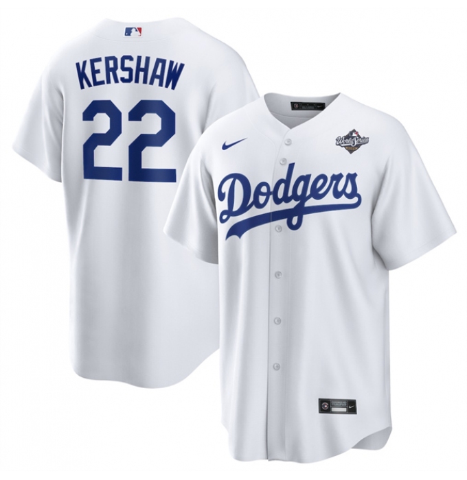 Men's Los Angeles Dodgers #22 Clayton Kershaw White 2025 World Series Home Cool Base Stitched Baseball Jersey