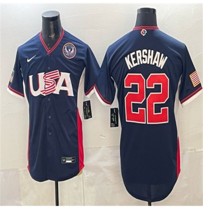 Men's USA Baseball #22 Clayton Kershaw Navy 2026 World Baseball Classic United States 250th Anniversary Road Stadium Stitched Jersey