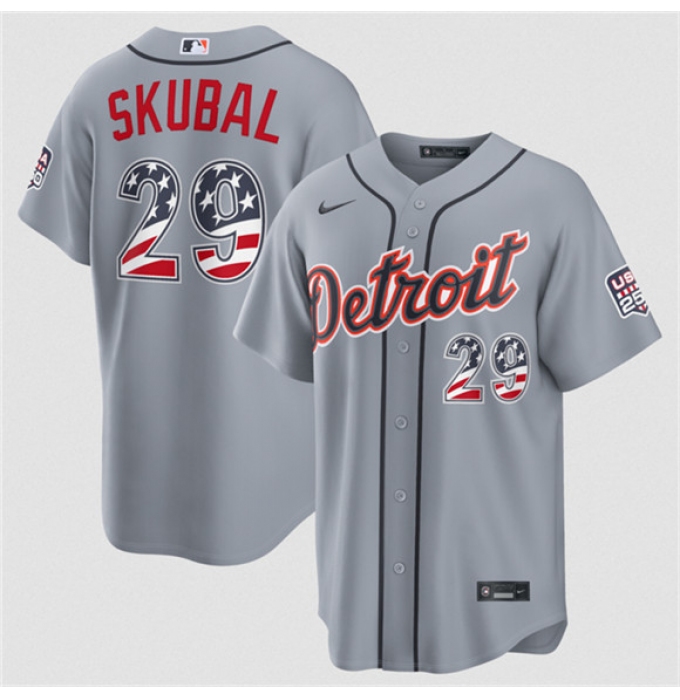 Men's Detroit Tigers #29 Tarik Skubal Grey 2026 USA 250 Fourth of July Stitched Baseball Jersey