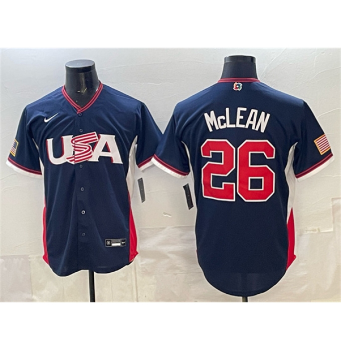 Men's USA Baseball #26 Nolan McLean Navy 2026 World Baseball Classic Road Stadium Stitched Jersey