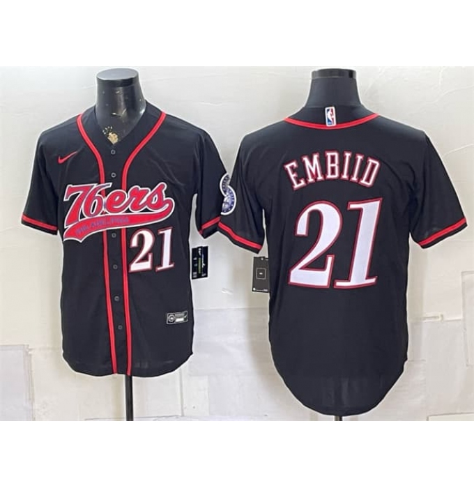 Men's Philadelphia 76ers #21 Joel Embiid Black Cool Base Stitched Baseball Jersey