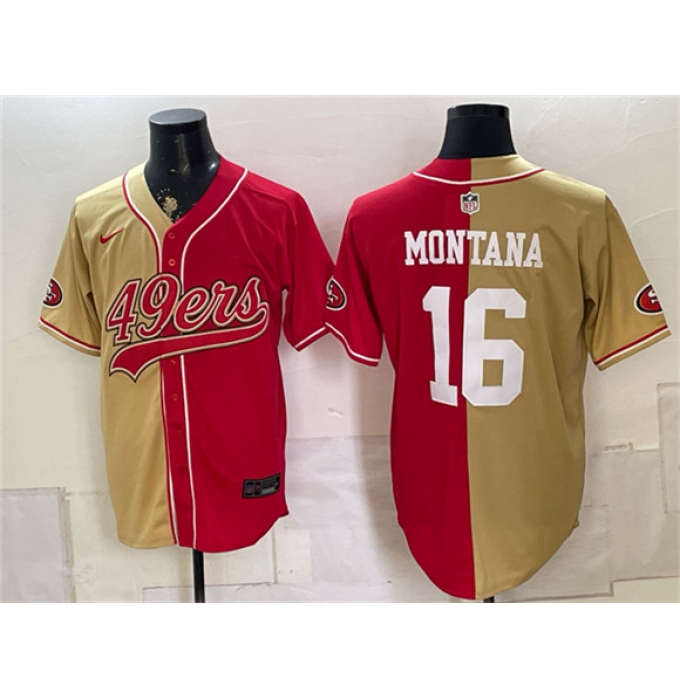Men's San Francisco 49ers #16 Joe Montana Gold Red Split Stitched Jersey